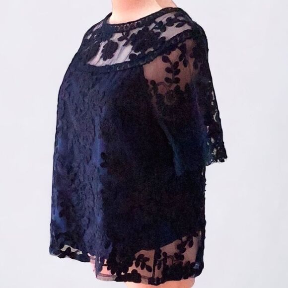 LAUNDRY BY SHELLI SEGAL BLOUSE TOP MEDIUM LACE EMBELLISHED NAVY BLUE - Picture 4 of 8